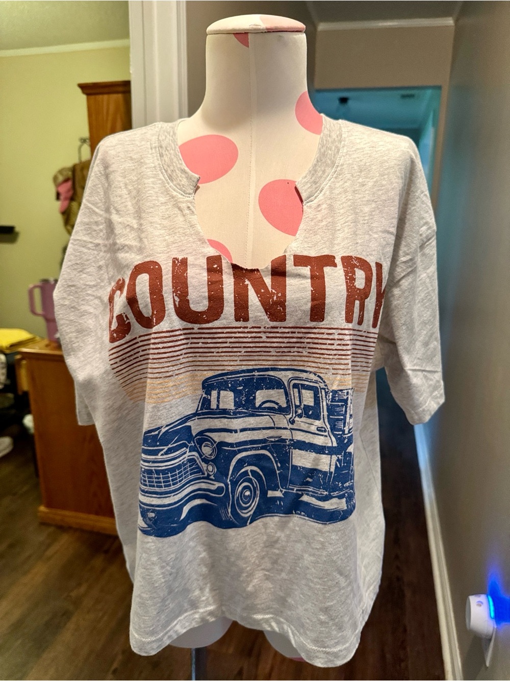 Country Graphic Short Sleeve Tee - Light Gray with Blue & Brown Print
